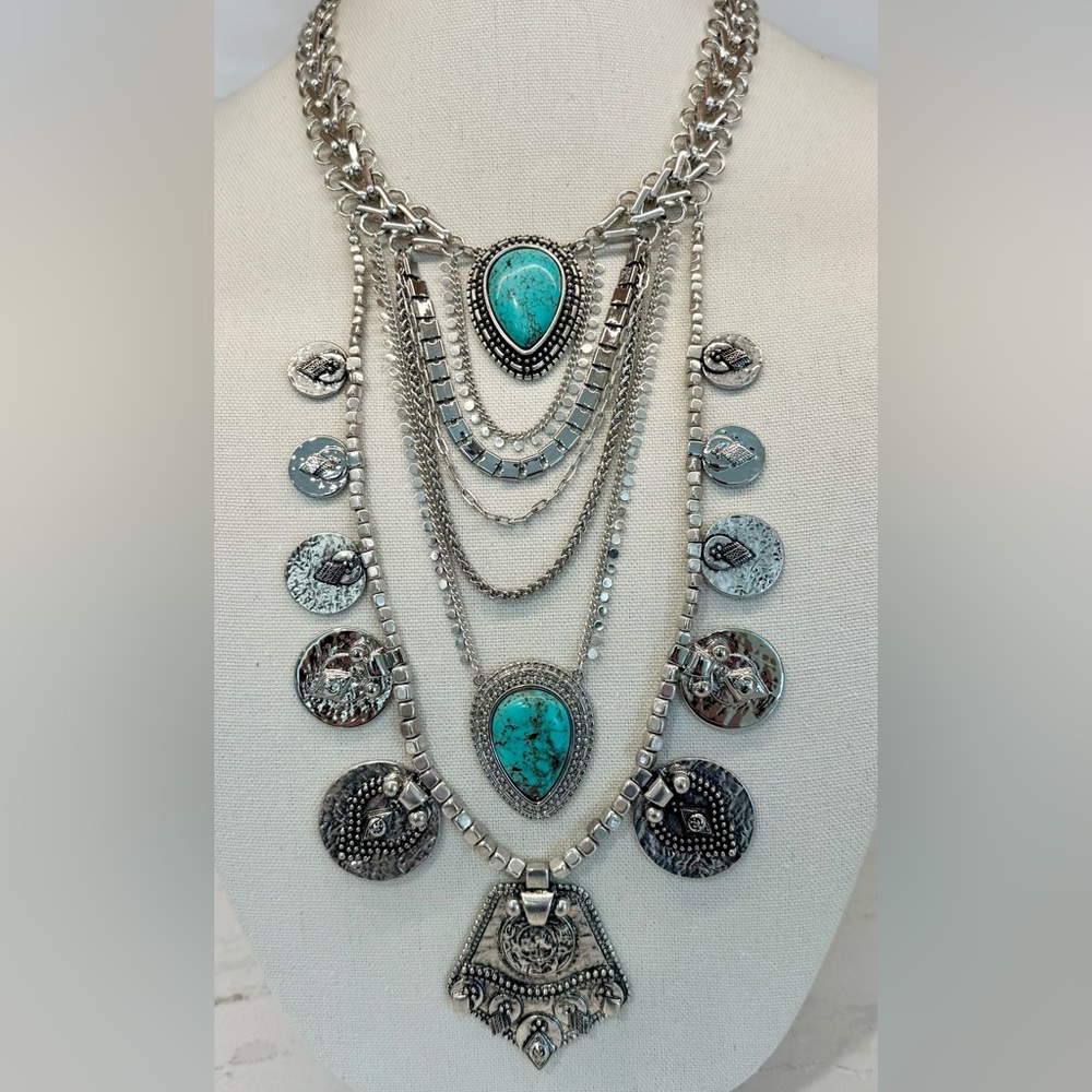 🩵🩶 Real Turquoise Western Statement Chico’s Layered Boho Necklace Silver Tone